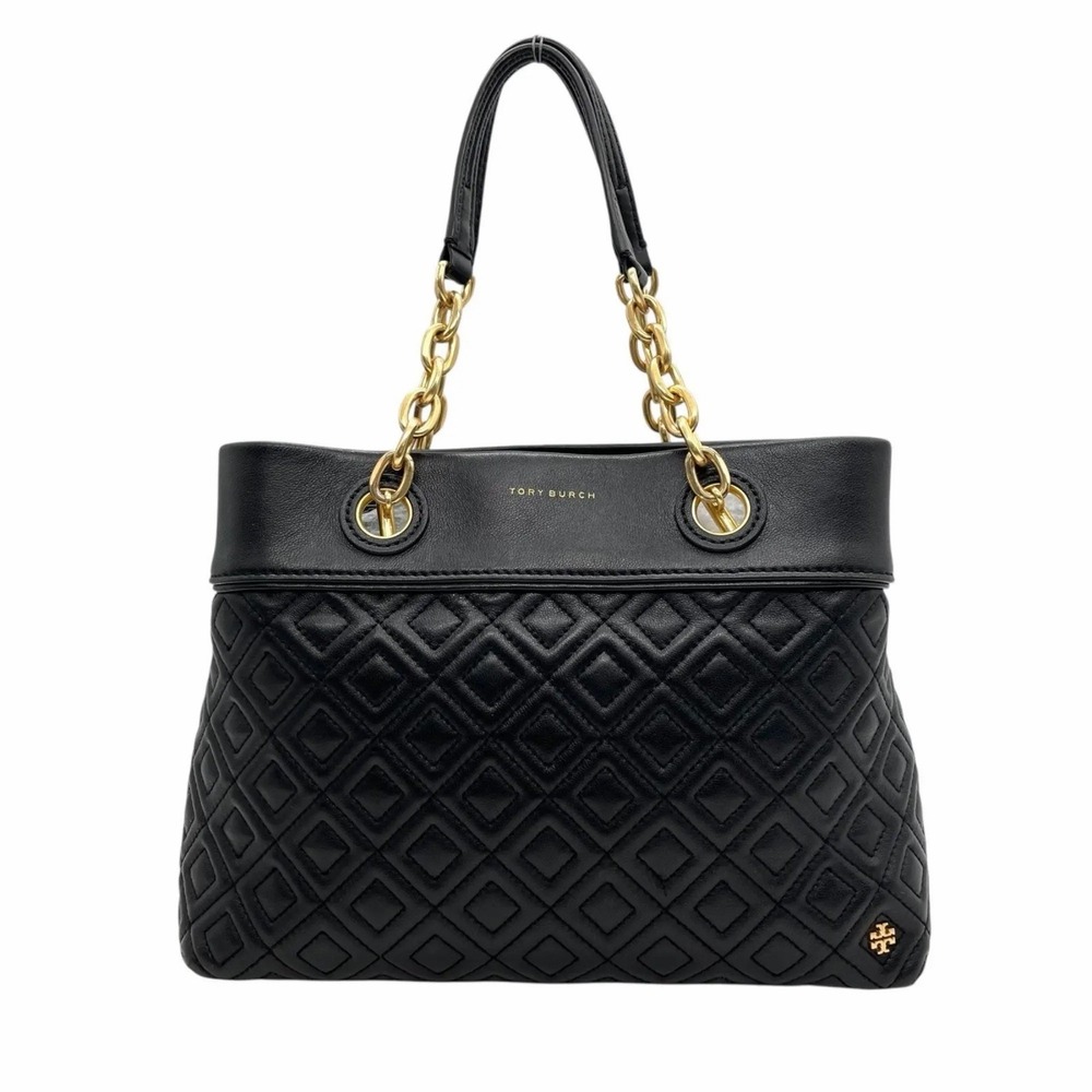 Tory Burch Black Quilted Leather Tote with Gold Chain Handles